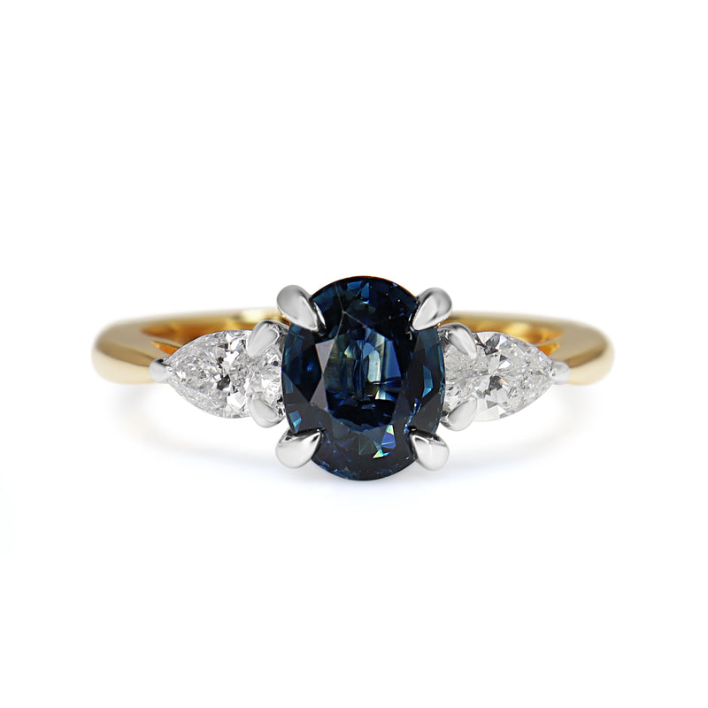 18ct Yellow and White Gold Oval Sapphire and Pear Diamond 3 Stone Ring