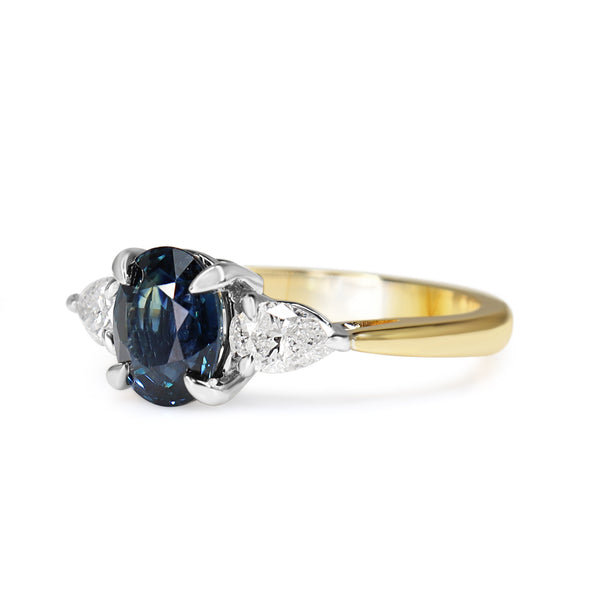 18ct Yellow and White Gold Oval Sapphire and Pear Diamond 3 Stone Ring