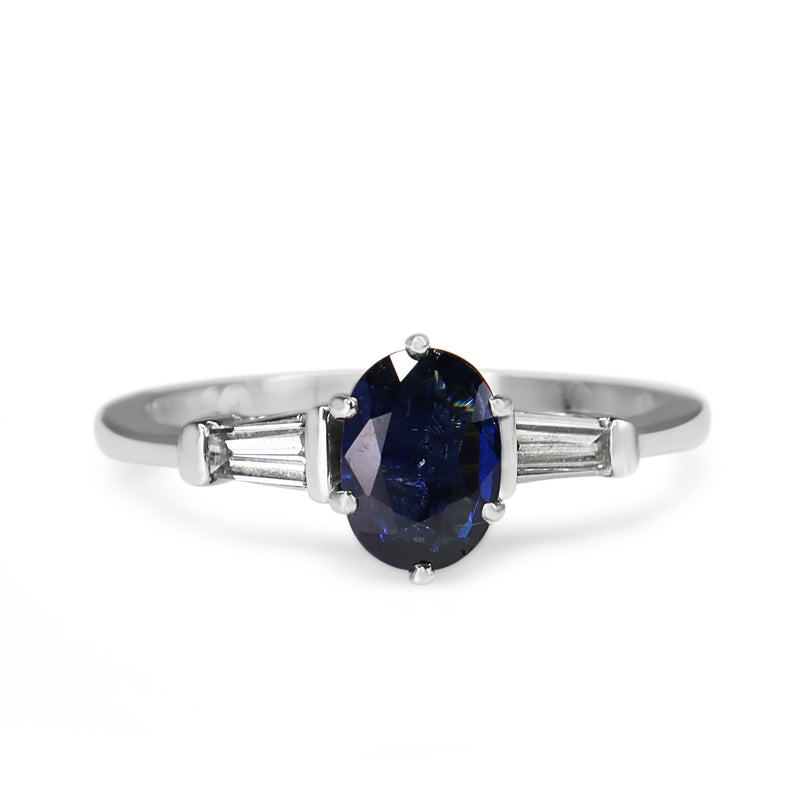 Platinum Oval Sapphire and Baguette Diamond 3 Stone Ring