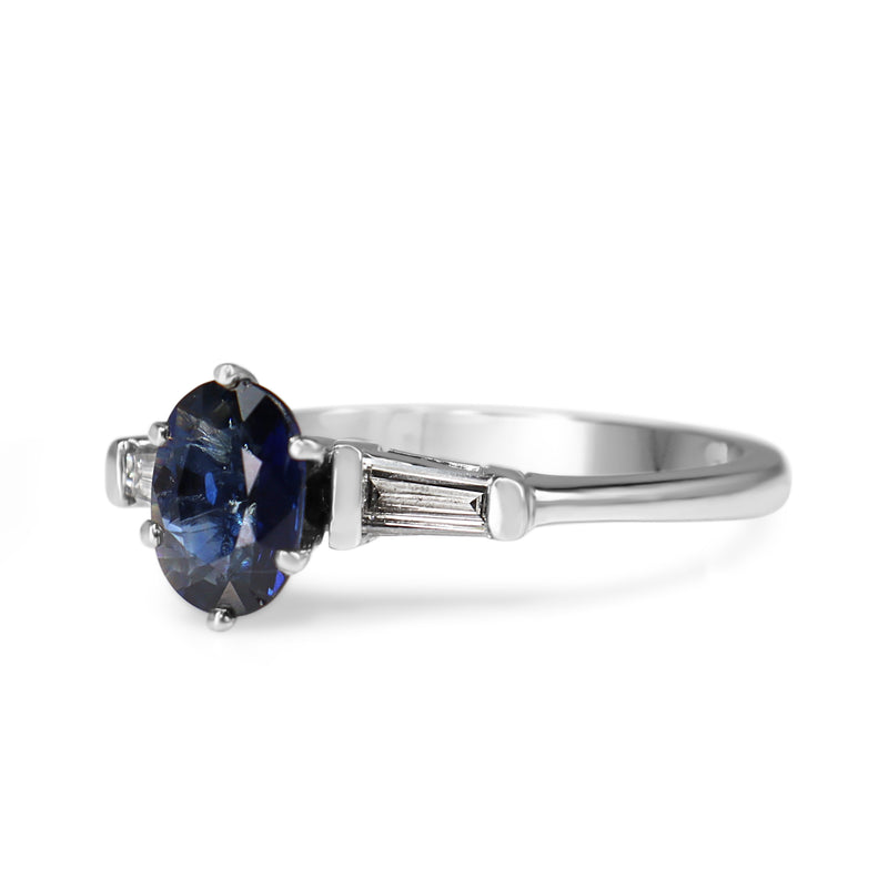 Platinum Oval Sapphire and Baguette Diamond 3 Stone Ring