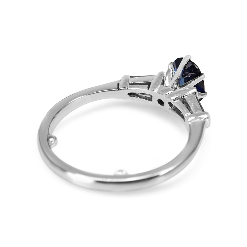 Platinum Oval Sapphire and Baguette Diamond 3 Stone Ring