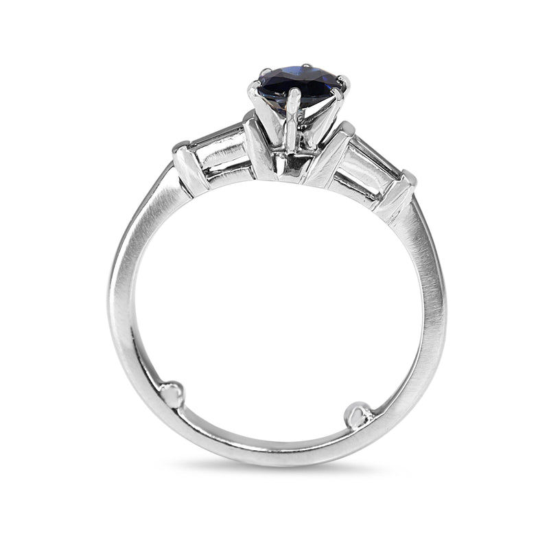 Platinum Oval Sapphire and Baguette Diamond 3 Stone Ring