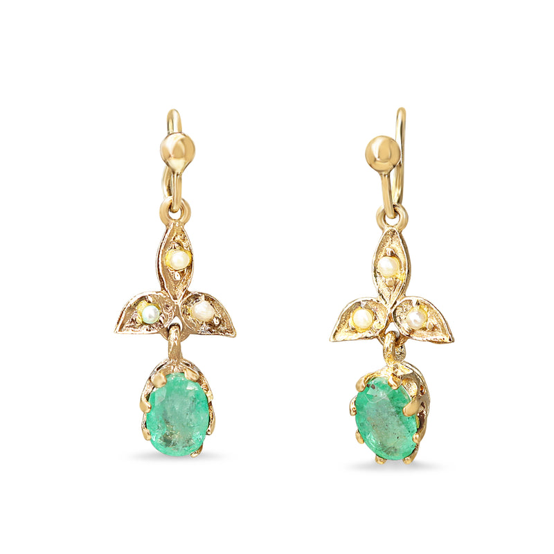 9ct Yellow Gold Emerald and Pearl Antique Earrings