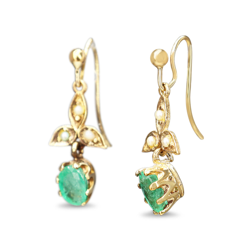 9ct Yellow Gold Emerald and Pearl Antique Earrings