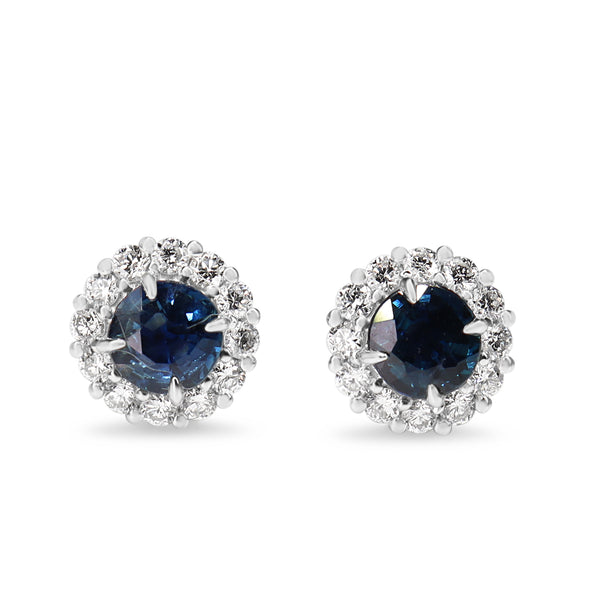 18ct White Gold Round Sapphire Halo Stud Earrings