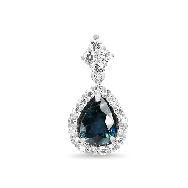 18ct White Gold Pear Sapphire and Diamond Halo Drop Necklace