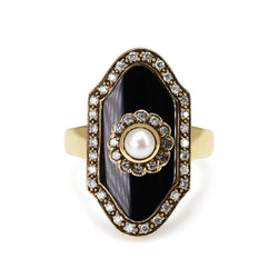 9ct Yellow Gold Pearl, Diamond and Onyx Vintage Style Ring