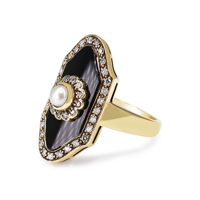 9ct Yellow Gold Pearl, Diamond and Onyx Vintage Style Ring