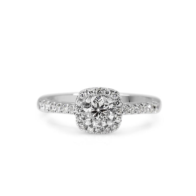 18ct White Gold Diamond Cushion Shaped Halo Ring