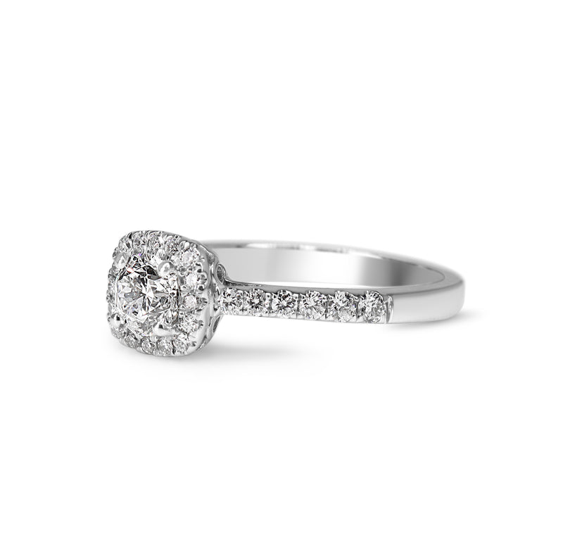 18ct White Gold Diamond Cushion Shaped Halo Ring