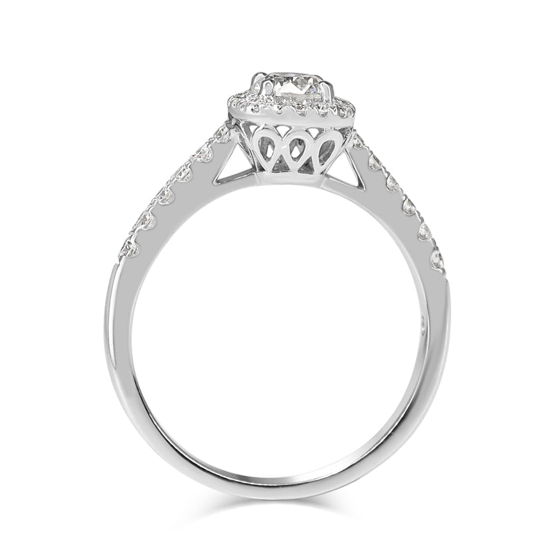 18ct White Gold Diamond Cushion Shaped Halo Ring