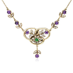 9ct Yellow Gold Emerald, Amethyst and Diamond Suffragette Style Necklace