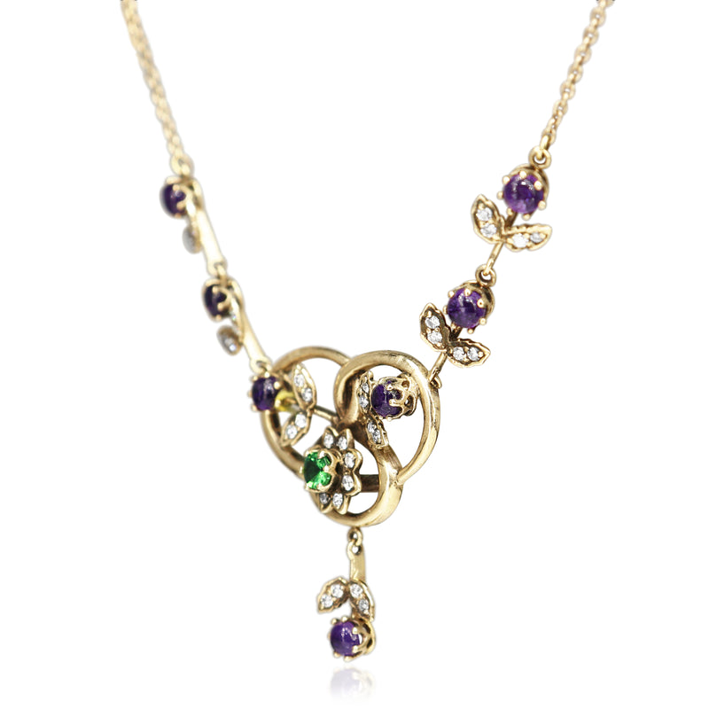 9ct Yellow Gold Emerald, Amethyst and Diamond Suffragette Style Necklace