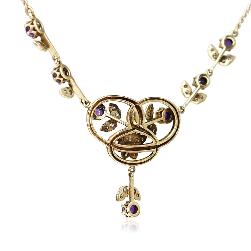 9ct Yellow Gold Emerald, Amethyst and Diamond Suffragette Style Necklace