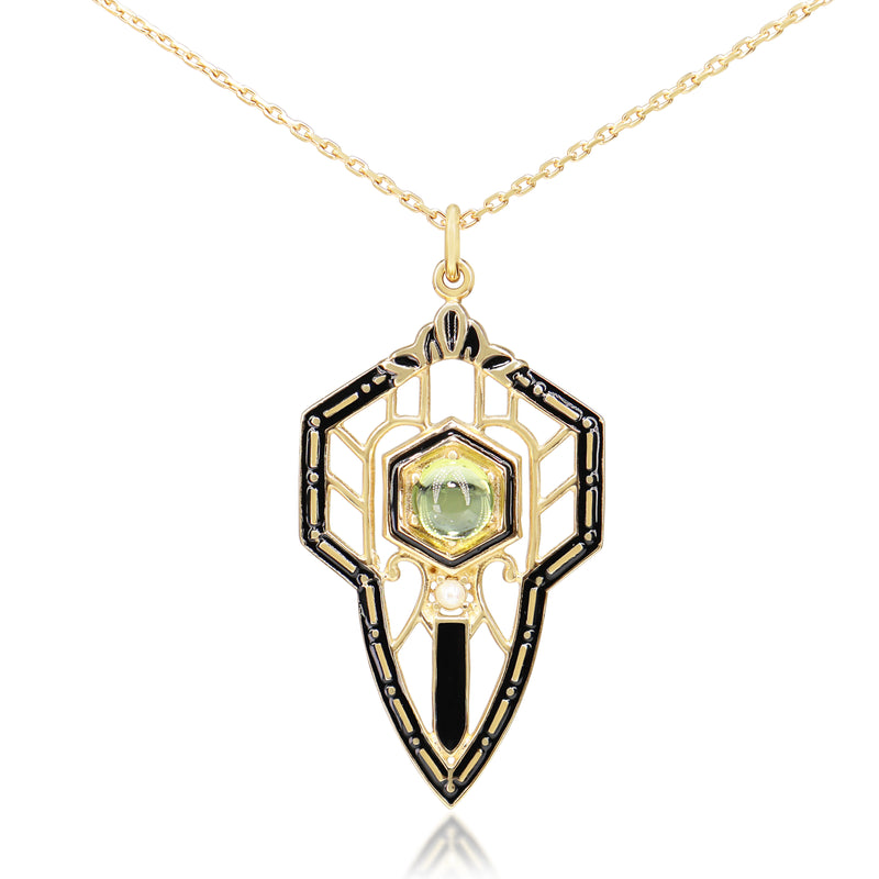 9ct Yellow Gold Vintage Style Peridot, Pearl and Enamel Necklace