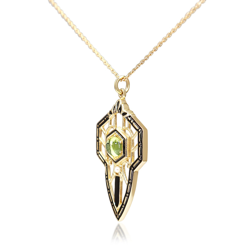 9ct Yellow Gold Vintage Style Peridot, Pearl and Enamel Necklace