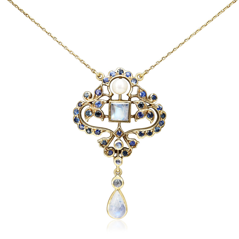 9ct Yellow Gold Sapphire, Moonstone and Pearl Antique Style Necklace