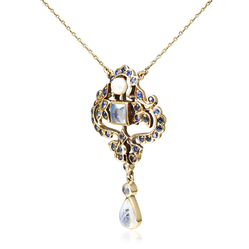 9ct Yellow Gold Sapphire, Moonstone and Pearl Antique Style Necklace