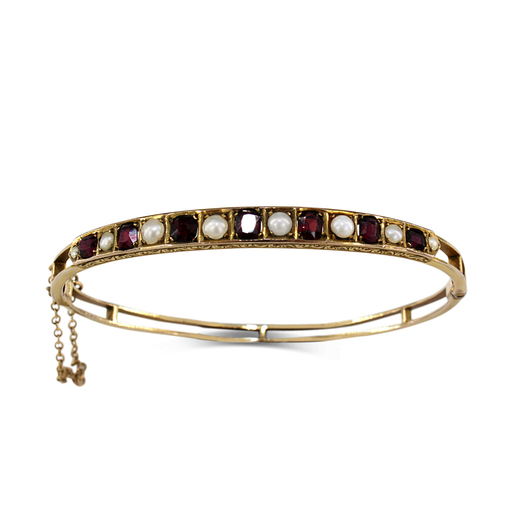 9ct Yellow Gold Antique Garnet and Pearl Bangle BURLINGTON