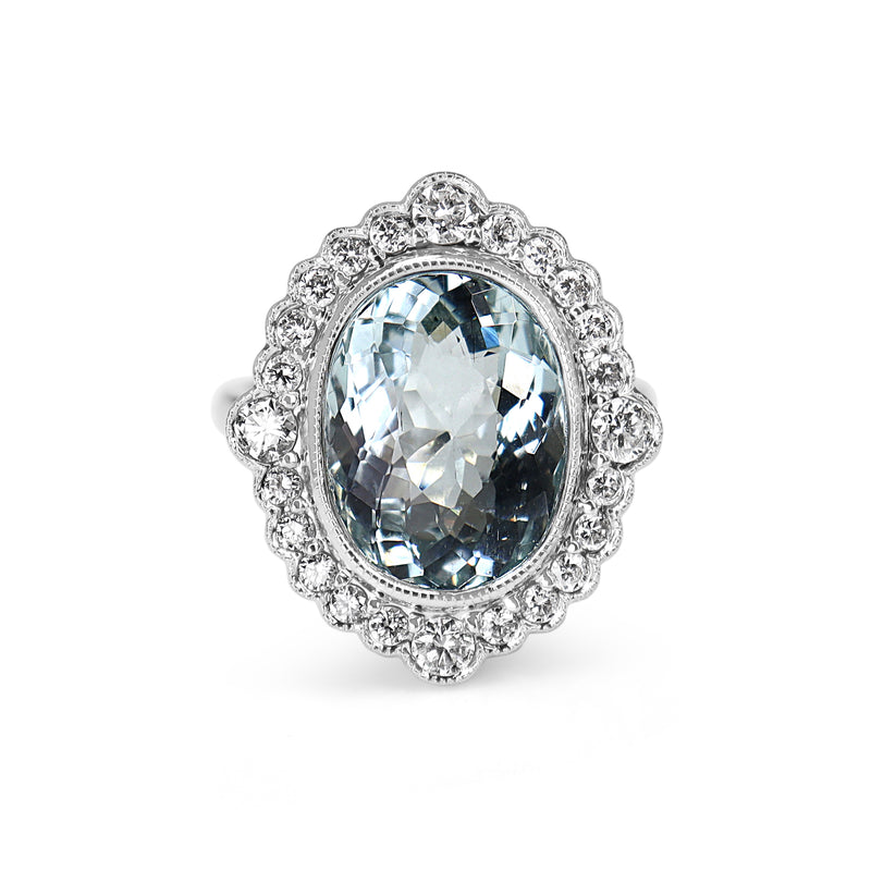 18ct White Gold Aquamarine and Diamond Daisy Style Ring