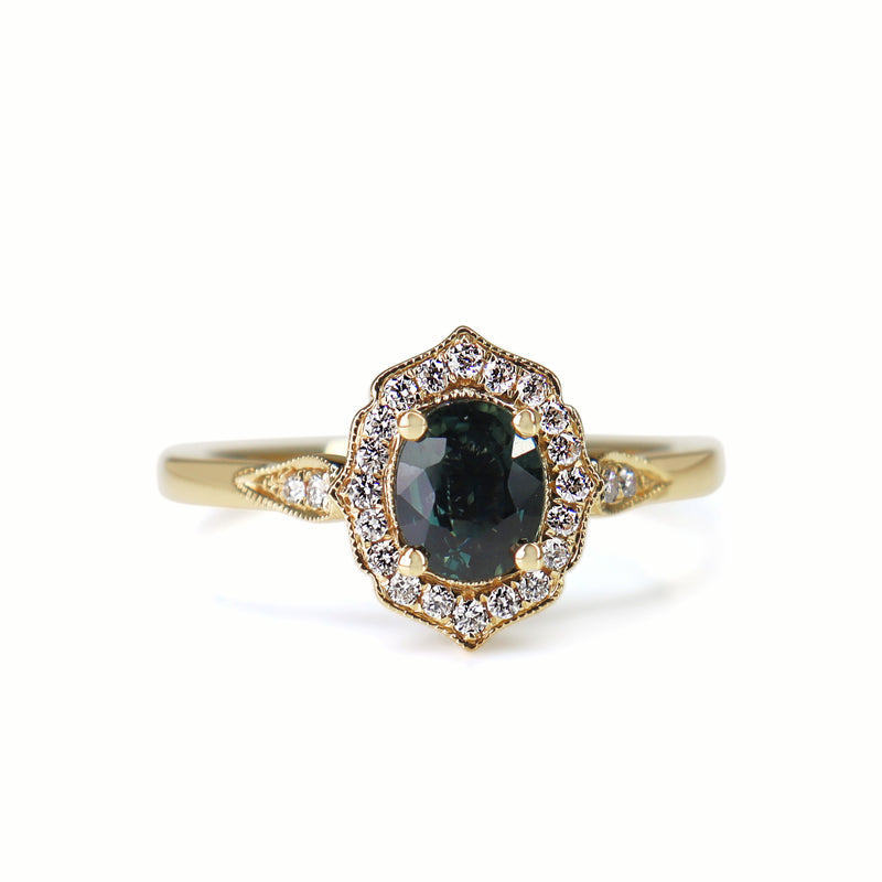 18ct Yellow Gold Vintage Style Sapphire and Diamond Halo Ring