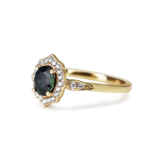 18ct Yellow Gold Vintage Style Sapphire and Diamond Halo Ring