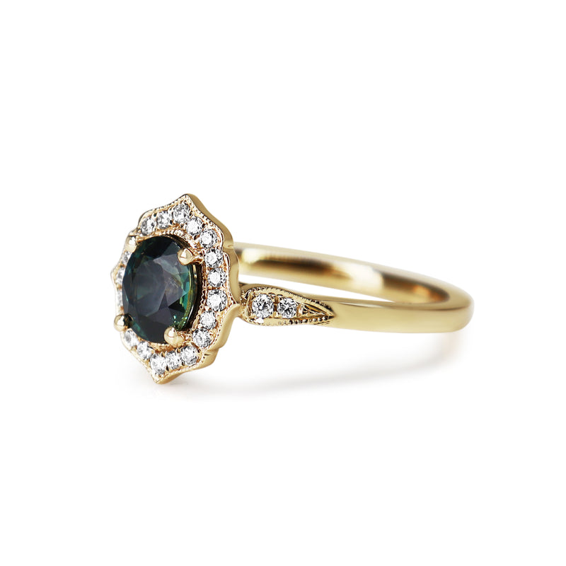 18ct Yellow Gold Vintage Style Sapphire and Diamond Halo Ring