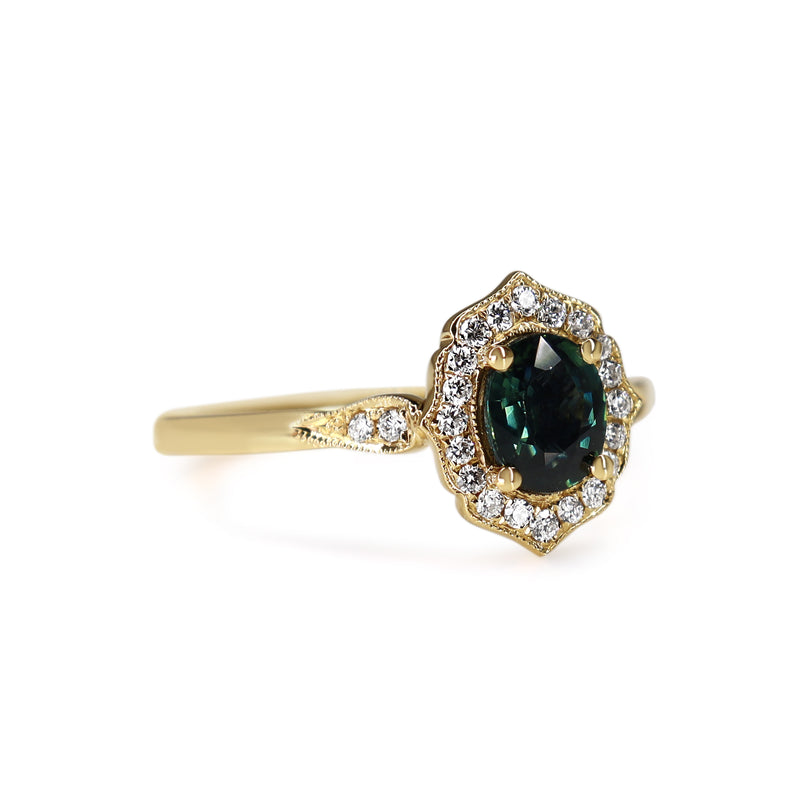 18ct Yellow Gold Vintage Style Sapphire and Diamond Halo Ring