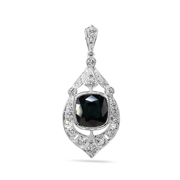 18ct White Gold Cushion Sapphire and Diamond Art Deco Style Pendant / Necklace