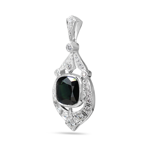 18ct White Gold Cushion Sapphire and Diamond Art Deco Style Pendant / Necklace