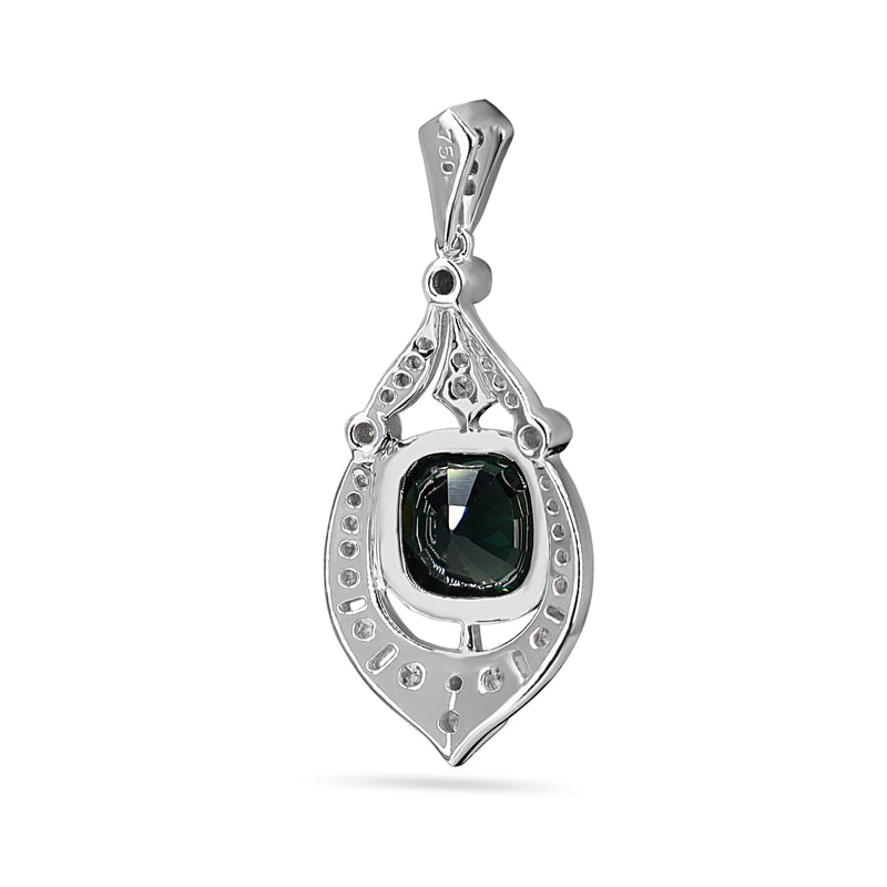 18ct White Gold Cushion Sapphire and Diamond Art Deco Style Pendant / Necklace