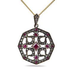 9ct Yellow Gold Ruby and Diamond Oxidised Antique Style Necklace