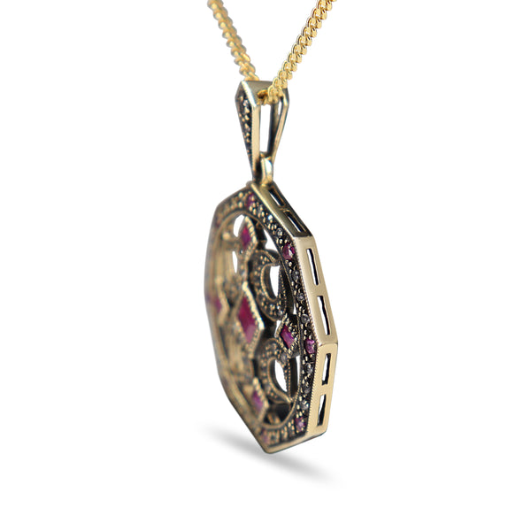 9ct Yellow Gold Ruby and Diamond Oxidised Antique Style Necklace