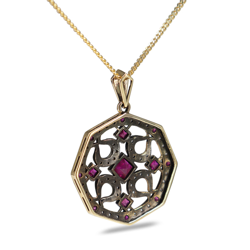 9ct Yellow Gold Ruby and Diamond Oxidised Antique Style Necklace