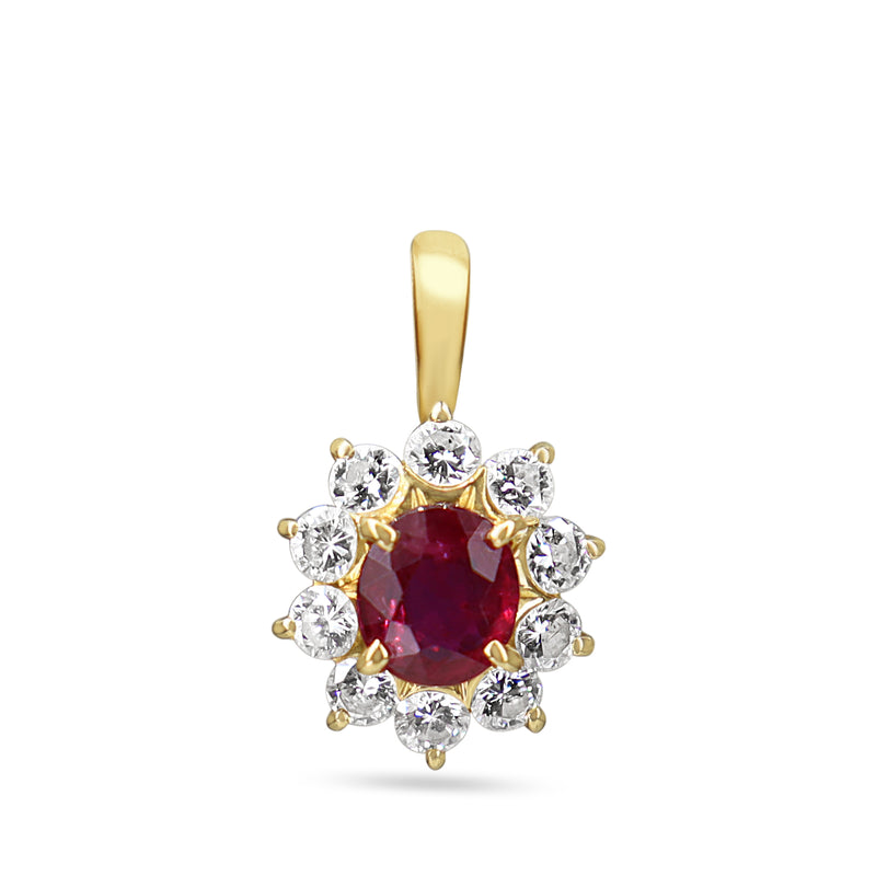 18ct Yellow Gold Ruby and Diamond Halo Pendant