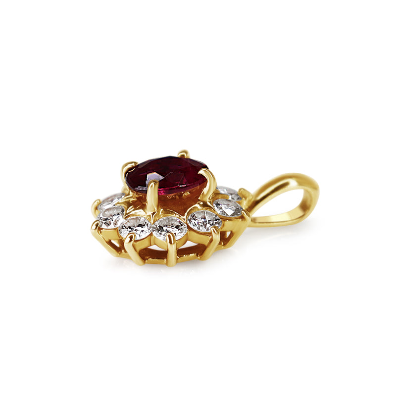 18ct Yellow Gold Ruby and Diamond Halo Pendant