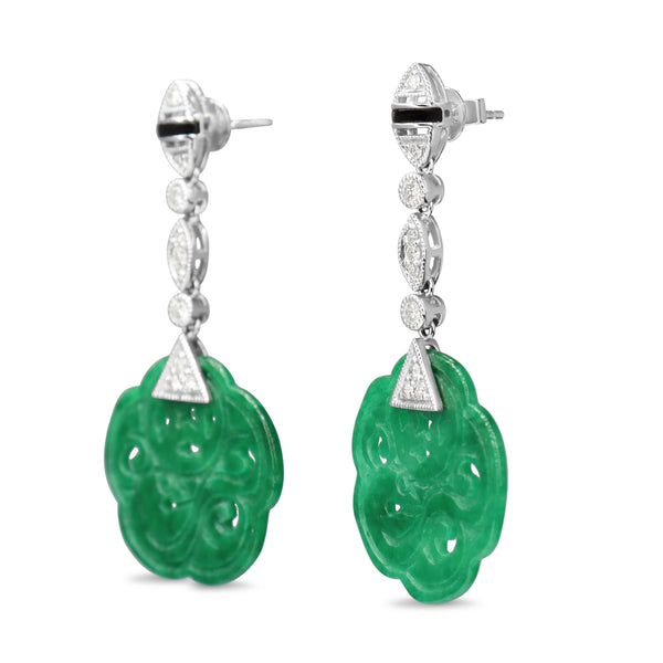 18ct White Gold Onyx, Jade and Diamond Earrings