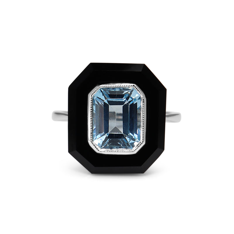 9ct White Gold Topaz and Onyx Deco Style Ring