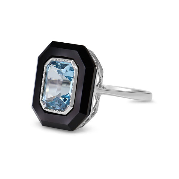 9ct White Gold Topaz and Onyx Deco Style Ring