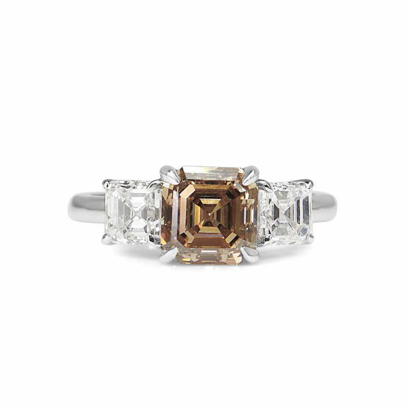 18ct White Gold Champagne Asscher Cut 3 Stone Diamond Ring