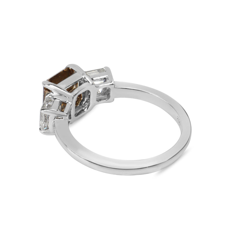 18ct White Gold Champagne Asscher Cut 3 Stone Diamond Ring