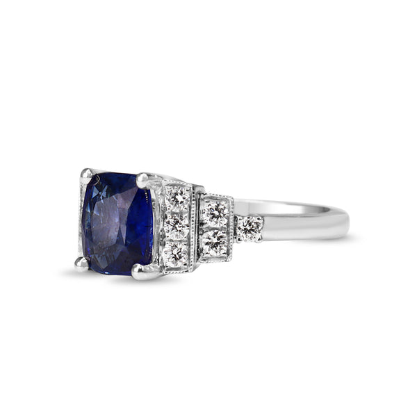 18ct White Gold Cushion Sapphire and Art Deco Style Stepped Down Diamond Ring