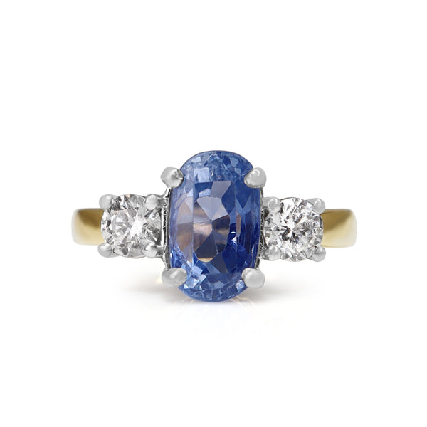 18ct Yellow and White Gold Oval Sapphire and Diamond 3 Stone Ring