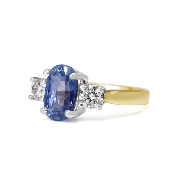 18ct Yellow and White Gold Oval Sapphire and Diamond 3 Stone Ring