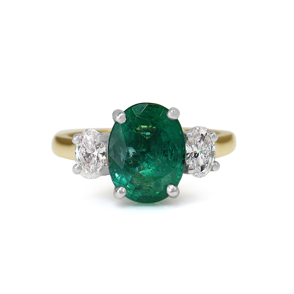 18ct Yellow and White Gold Oval Emerald and Diamond 3 Stone Ring