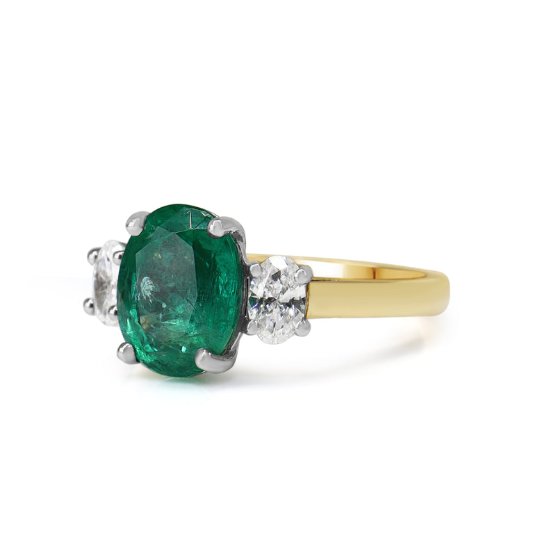 18ct Yellow and White Gold Oval Emerald and Diamond 3 Stone Ring