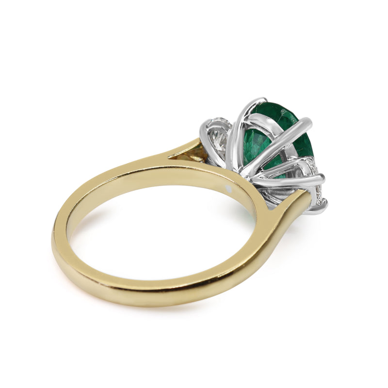 18ct Yellow and White Gold Oval Emerald and Diamond 3 Stone Ring