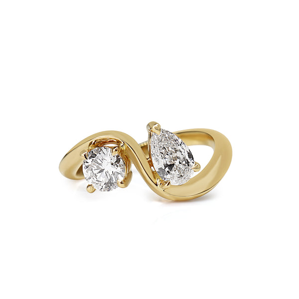 18ct Yellow Gold Round Brilliant Cut and Pear Diamond Moi Et Toi Style Ring