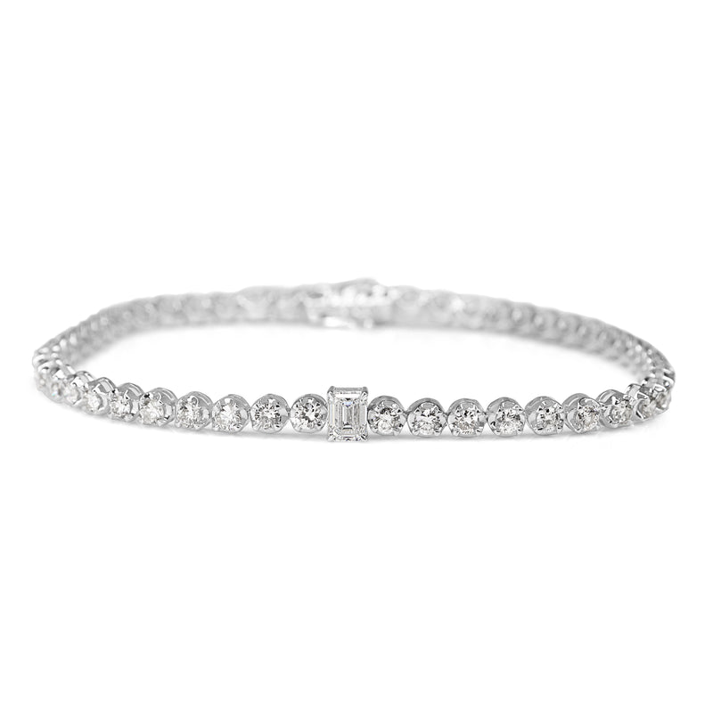 18ct White Gold Brilliant and Emerald Cut Diamond Tennis Bracelet