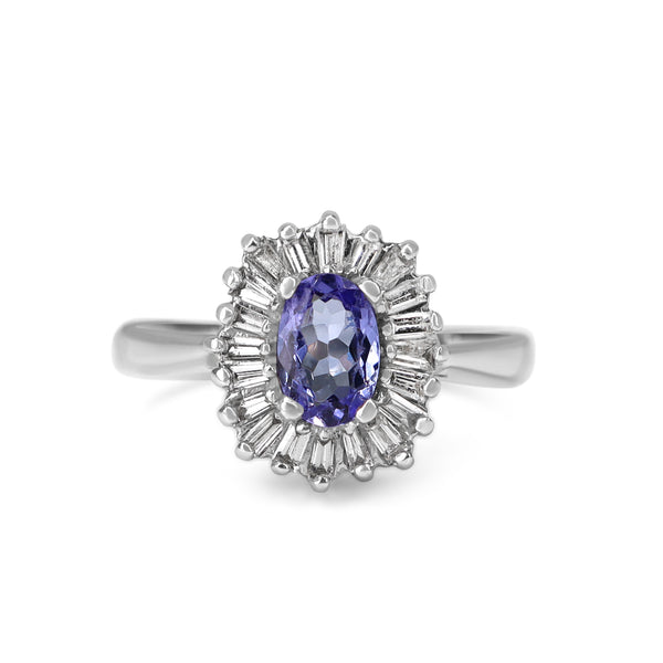 14ct White Gold Tanzanite and Baguette Diamond Halo Ring